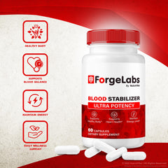 NutraVibe ForgeLabs Blood Stabilizer bottle with tablets in glass for a calm morning.