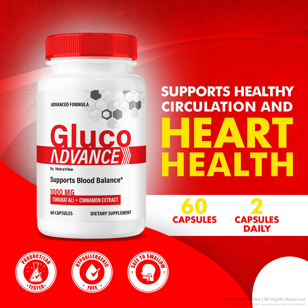 Label view of NutraVibe Gluco Advance showing natural ingredients and dosage.