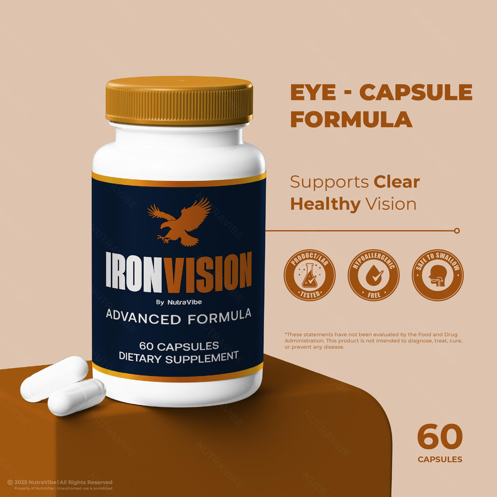 NutraVibe Iron Vision bottle packaging emphasizing natural ingredients and daily eye wellness.