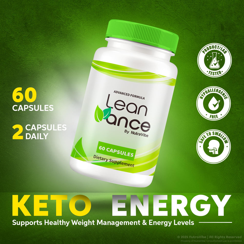 Closeup of NutraVibe LeanVance capsules with smooth texture and herbal balance