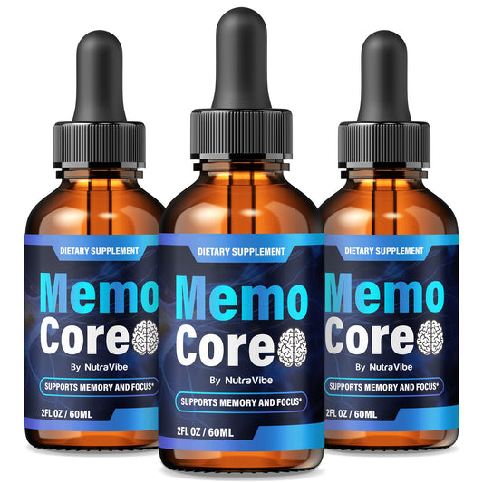 NutraVibe Memo Core Drops bottle front with natural liquid blend for daily focus.