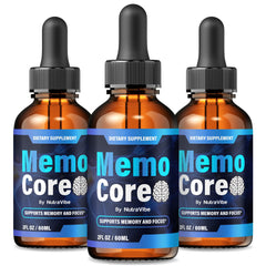 NutraVibe Memo Core Drops bottle front with natural liquid blend for daily focus.