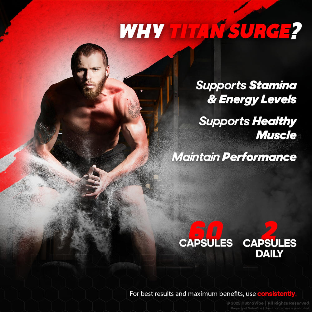 NutraVibe Titan Surge bottle on a shelf signals a simple daily routine.