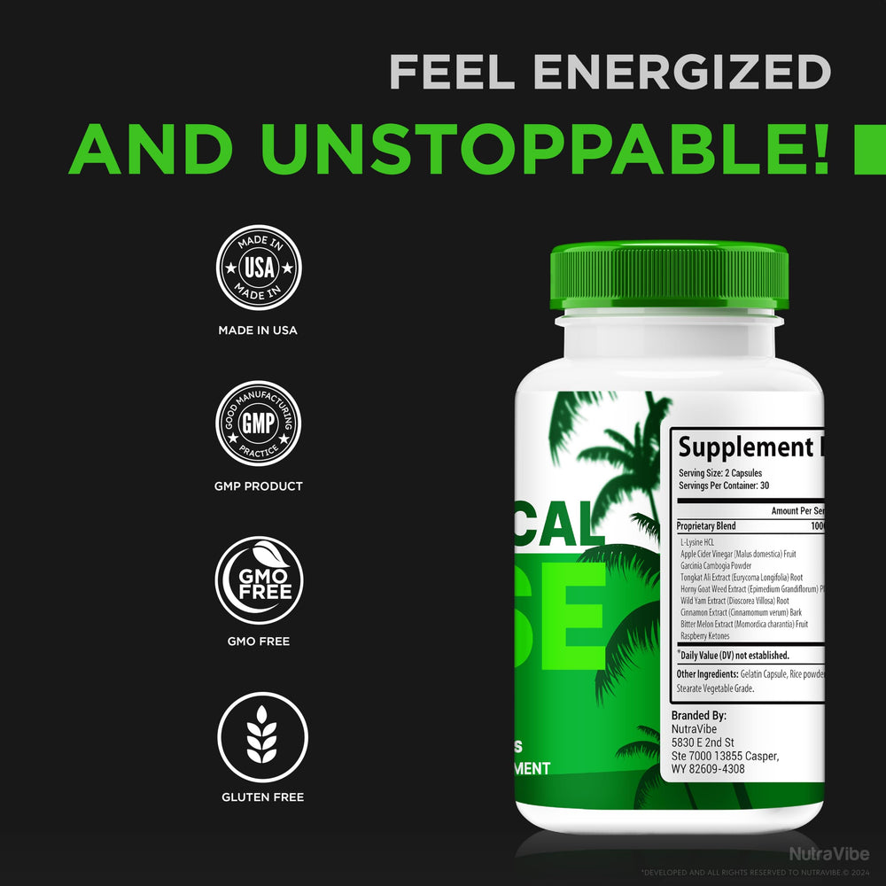 NutraVibe Tropical Rise bottle with glass ready for daily ritual.