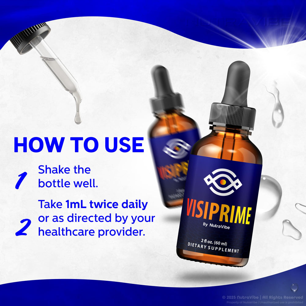 NutraVibe Visiprime drops under tongue being applied for convenient dosing