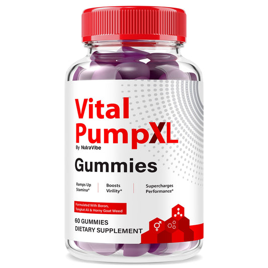 NutraVibe Vital Pump XL bottle showing convenient testo gummies for daily energy support