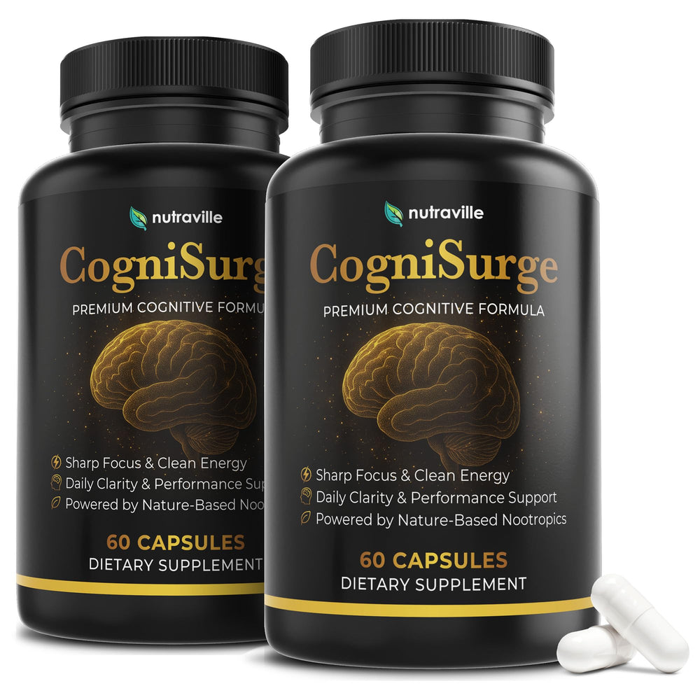Nutraville CogniSurge bottle front signals nature-powered brain support for daily focus.