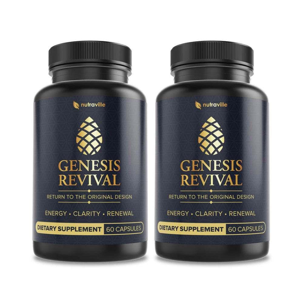 Nutraville Genesis Revival bottle close-up highlighting premium packaging for energy support.