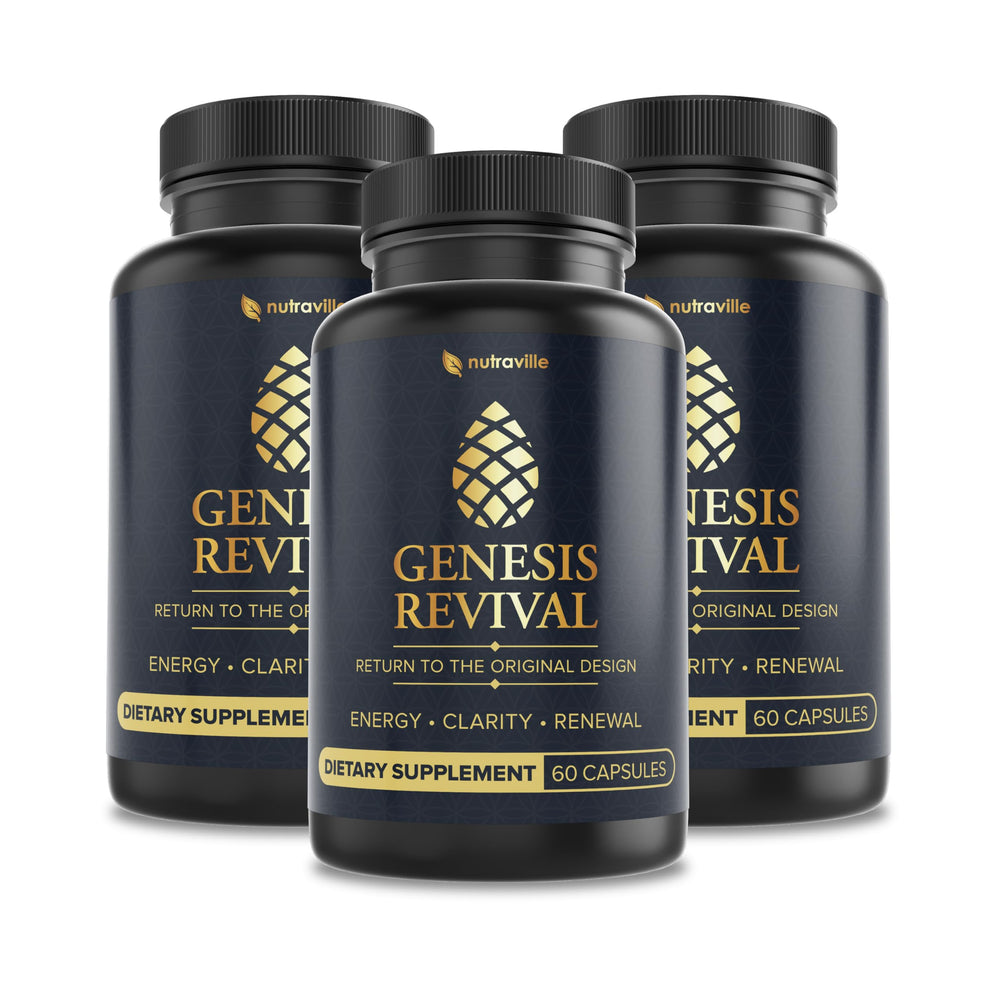 Nutraville Genesis Revival bottle close-up shows premium capsules for daily energy and focus.
