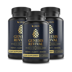 Nutraville Genesis Revival bottle close-up shows premium capsules for daily energy and focus.