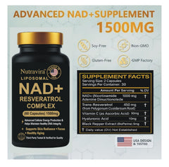 Nutravira Liposomal NAD+ Resveratrol bottle side view showing capsules for daily energy support