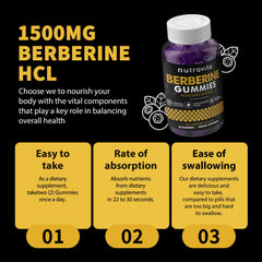 Nutravita Berberine Gummies sugar-free label highlighting vegan and gluten-free qualities.