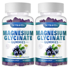 Nutravita Magnesium Glycinate Gummies blueberry bottle on a light surface for daily calm support.