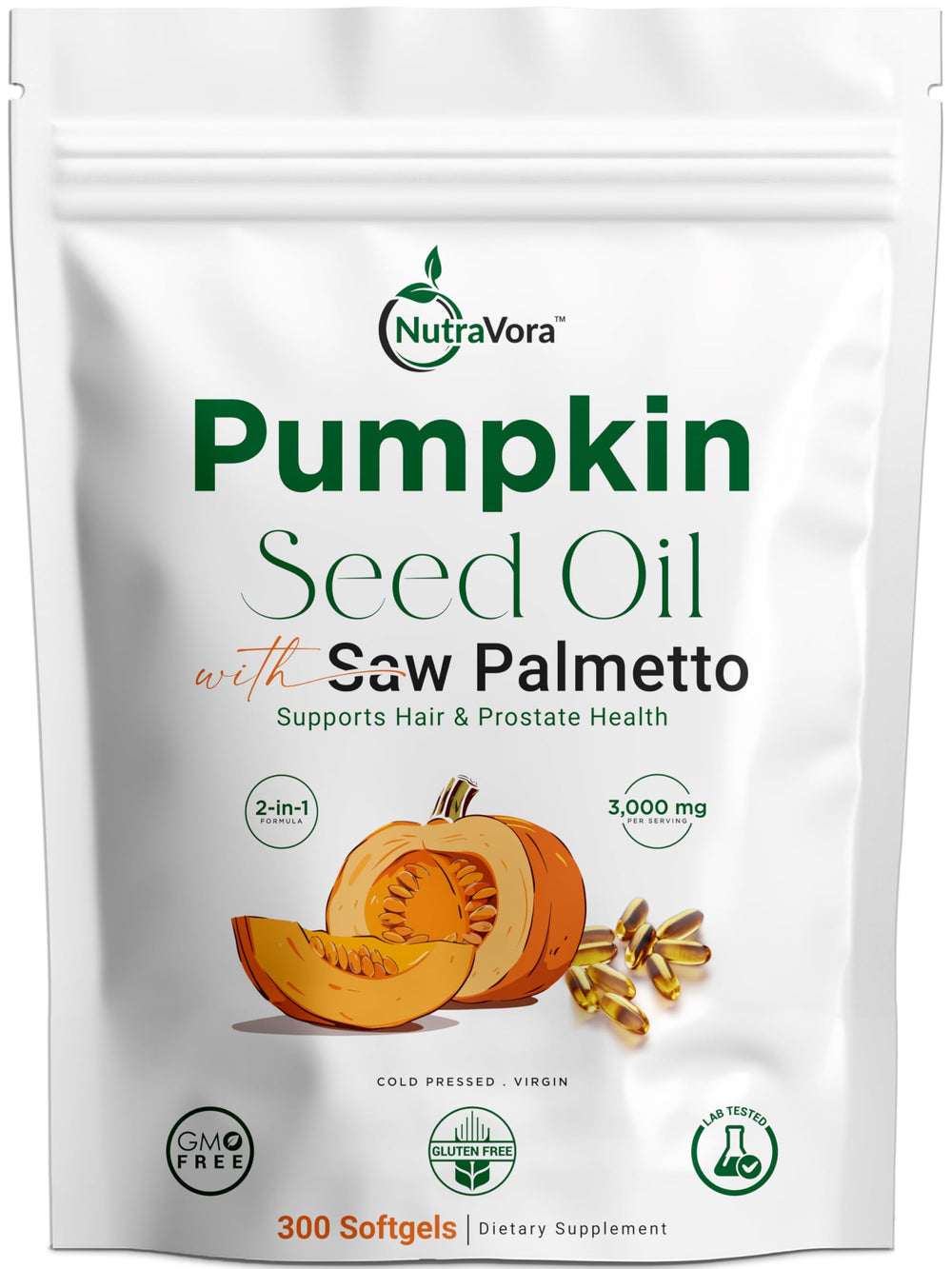 NutraVora pumpkin seed oil with saw palmetto capsules for daily prostate support and hair wellness.