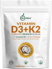 NutraVora Vitamin D3 K2 softgel bottle highlighting bone and heart support.