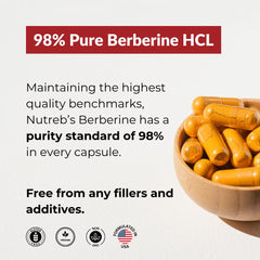 Nutreb Berberine capsules close-up showing vegan capsules and purity.