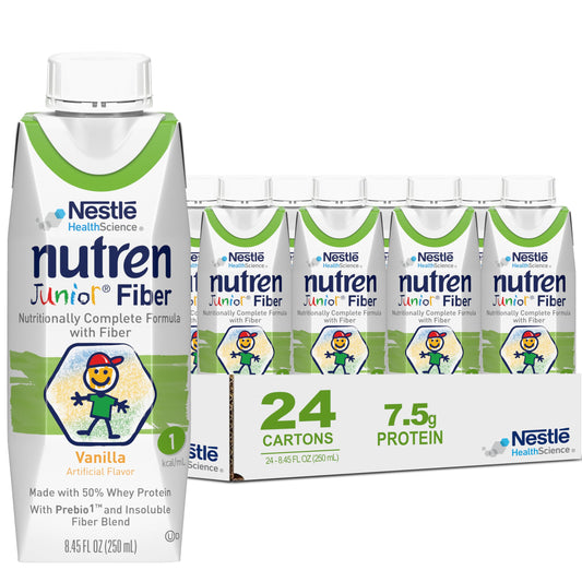 Nutren Junior Fiber Vanilla tub view for kid-friendly nutrition on busy mornings.