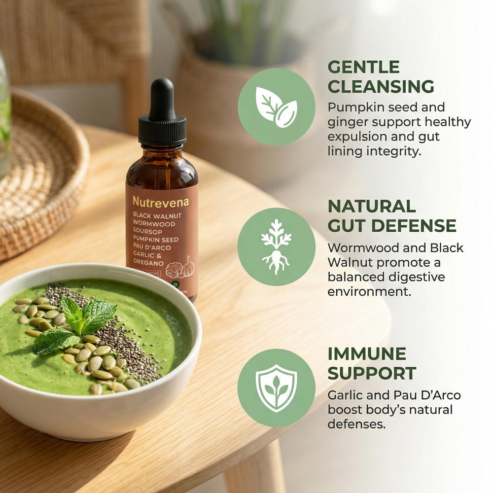 Nutrevena Gut Cleanse liquid drops prepared for easy daily use.