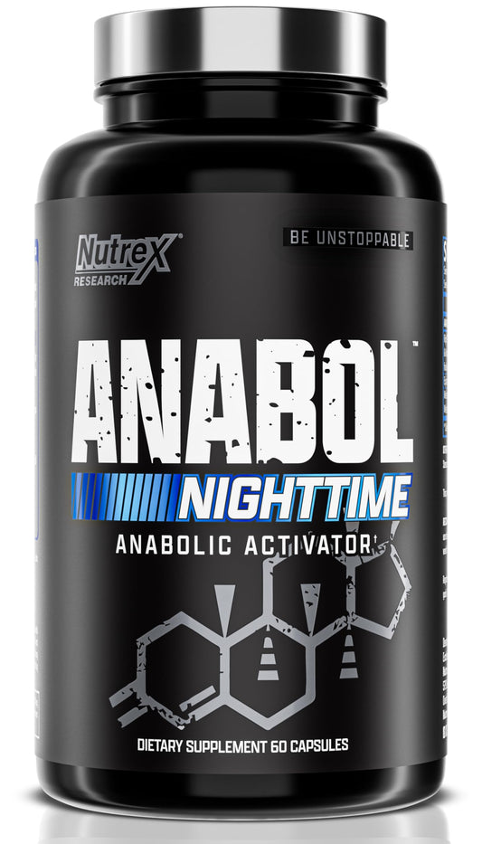 Nutrex Anabol PM bottle label showing nighttime recovery and sleep support.