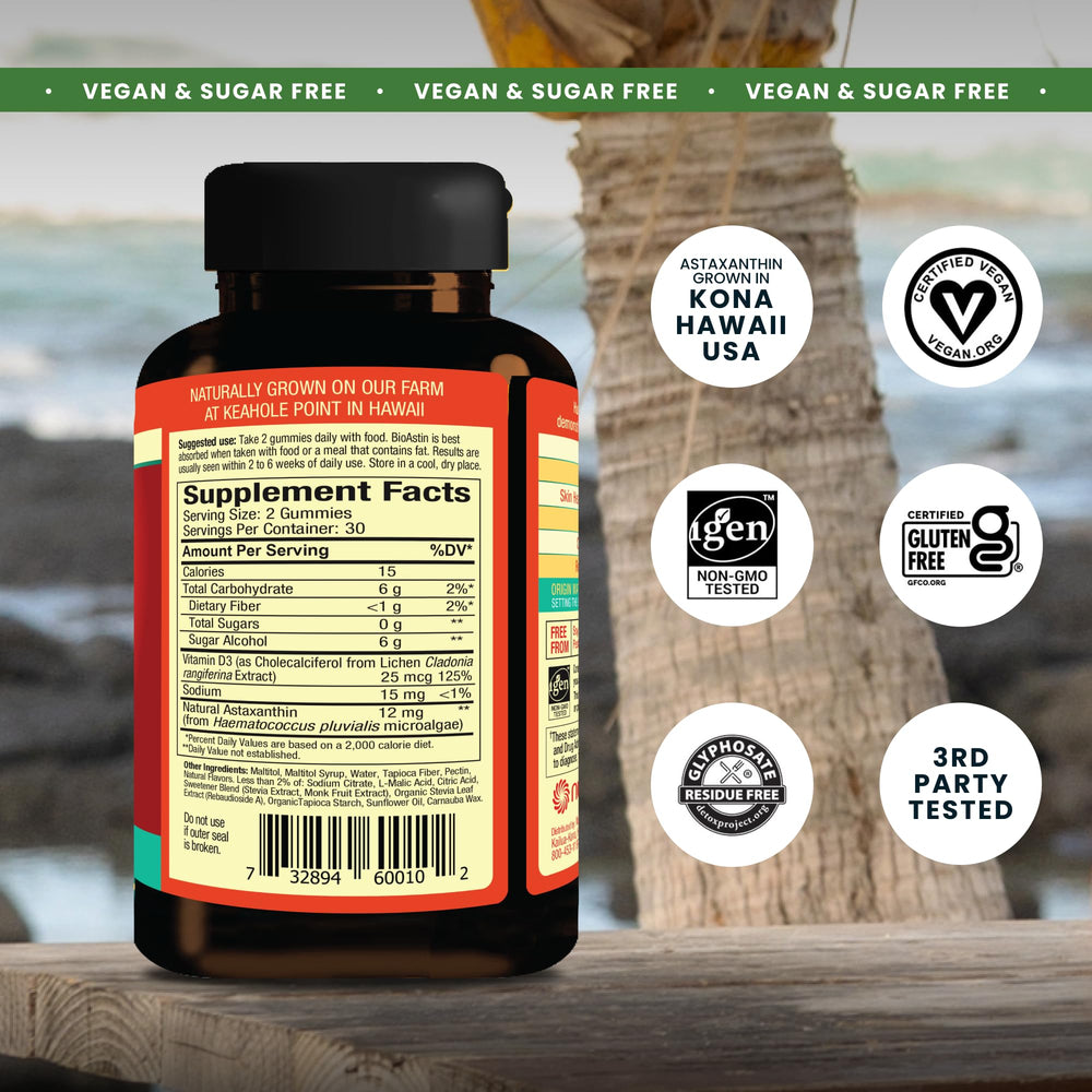 Nutrex Bioastin Astaxanthin Gummies jar on shelf, premium ingredients highlighted