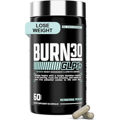 Nutrex Burn30 bottle on table highlighting appetite control support.