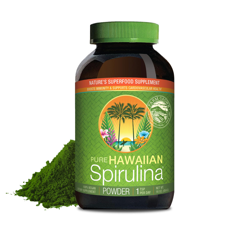 Nutrex Hawaii Pure Hawaiian Spirulina Powder bottle showcases Kona farm purity for daily wellness.
