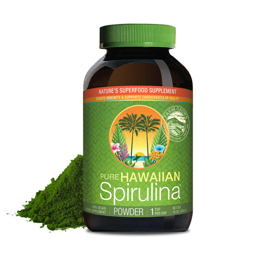 Nutrex Hawaii Pure Hawaiian Spirulina Powder bottle showcases Kona farm purity for daily wellness.
