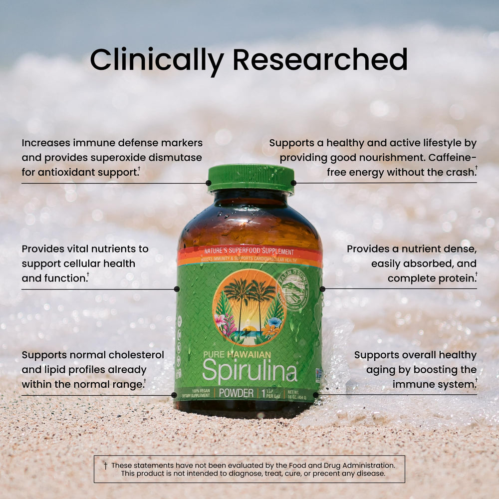 Nutrex Hawaii spirulina packaging label emphasizes non-GMO, vegan, and pure origins.