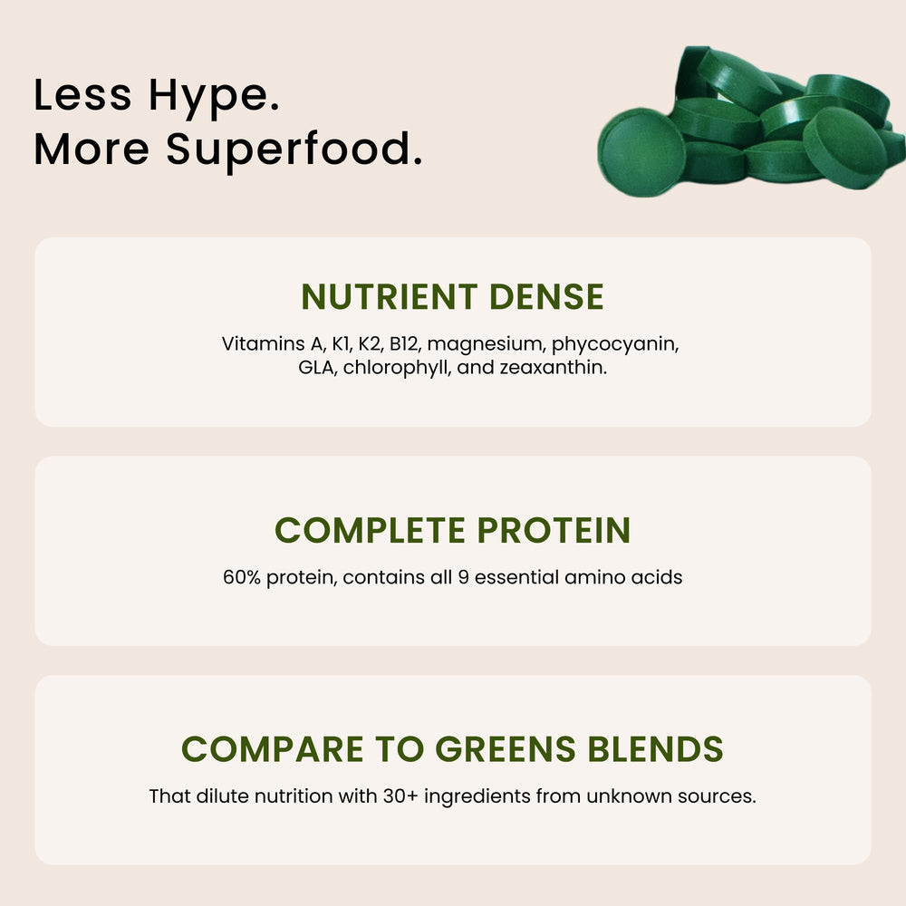 Nutrex Hawaii Pure Hawaiian Spirulina tablets close-up – vibrant green color and plant-based protein source.