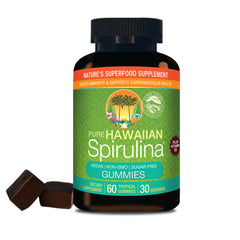 Nutrex Hawaii Pure Spirulina Gummies packshot showing vegan, sugar-free wellness in a bottle
