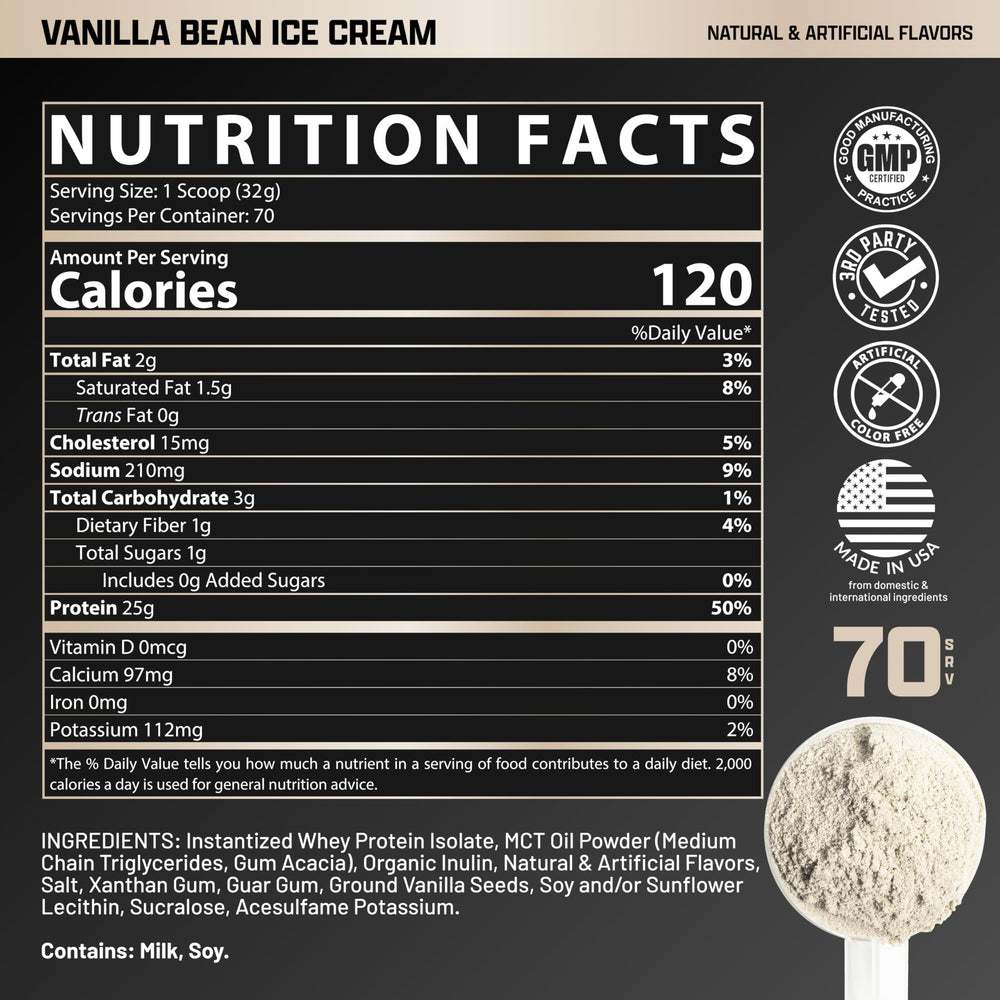 Nutrex IsoFit Vanilla Bean Ice Cream serving on a counter highlighting lean nutrition