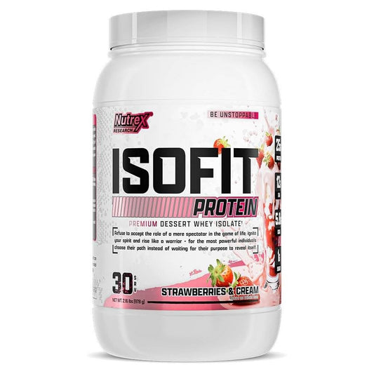 Nutrex IsoFit whey protein jar with strawberries & cream for post-workout recovery.