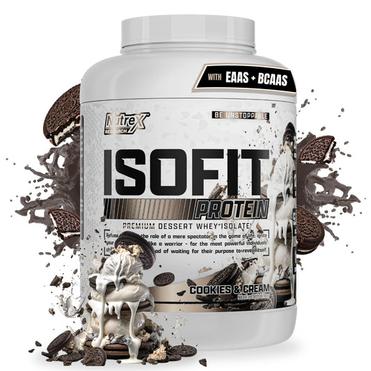 Nutrex IsoFit whey protein scoop highlighting fast-absorbing protein for post-workout nutrition.