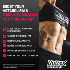 Nutrex Lipo-6 Black Max capsules closeup emphasizing fast-acting liquid delivery.