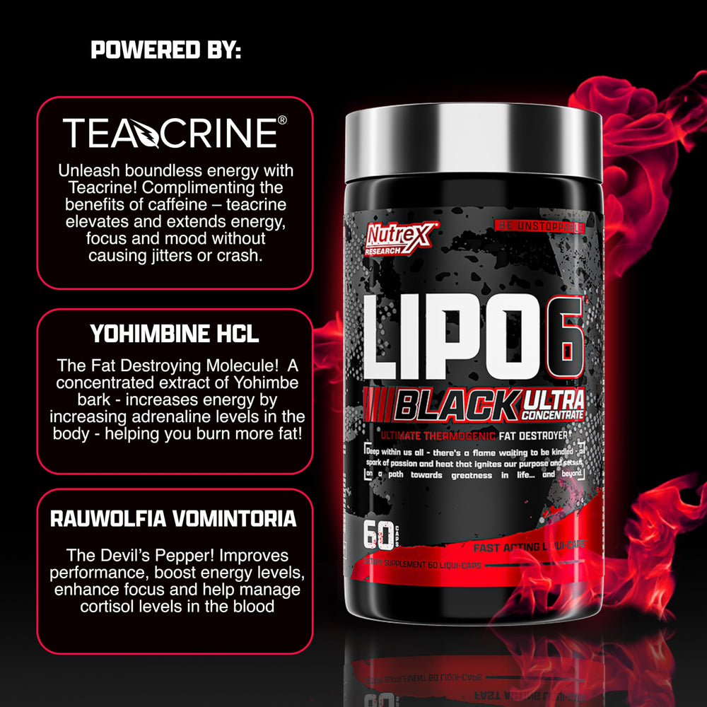 Close-up of Lipo-6 Black Ultra label highlighting caffeine-rich blend for energy and focus.