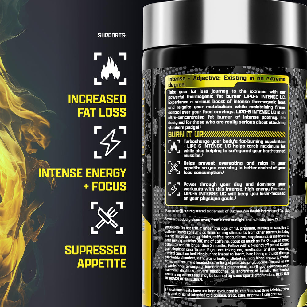 Nutrex Lipo6 Black Intense bottle label emphasizes clinically inspired ingredients.
