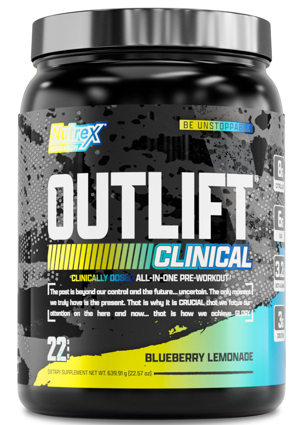 Nutrex Outlift blueberry lemonade bottle boosts energy for workouts.