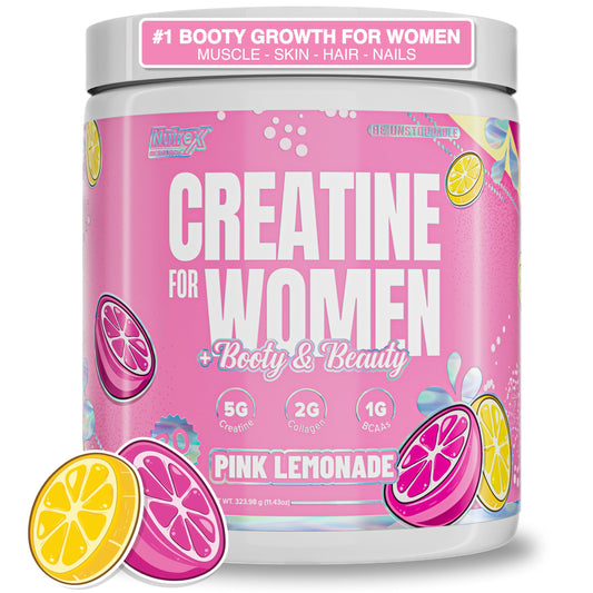 Nutrex Research Creatine Women tub front with pink lemonade flavor for daily use.