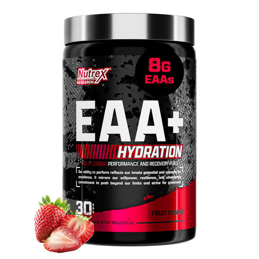 Nutrex Research EAA Hydration fruit punch bottle ready for workout hydration.