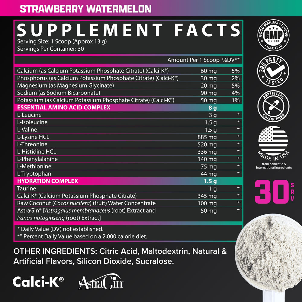 Nutrition label on Nutrex EAA Hydration container for transparency