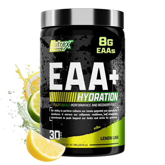 Nutrex Research EAA Hydration Lemon Lime tub showing complete amino acid blend and flavor.