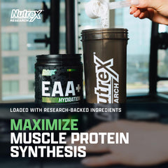 Spoon and tub of Nutrex EAA Hydration Maui Twist for on-the-go fueling