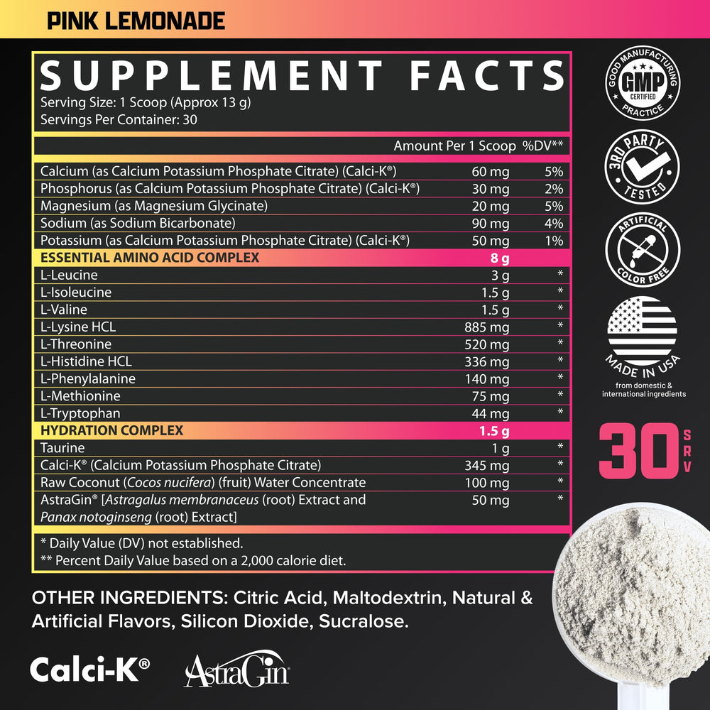 Nutrex EAA Hydration serving directions with water and shaker for easy post-workout mixing.