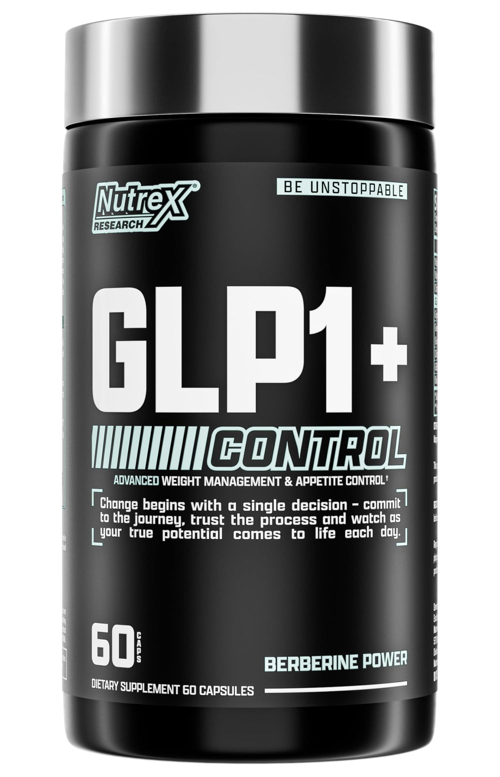 Nutrex Research GLP-1 bottle with cap closed for convenient, stimulant-free appetite support.
