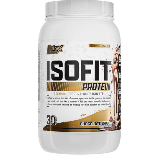 Nutrex Research IsoFit chocolate whey 2lb bottle pour demonstrates quick recovery aid.
