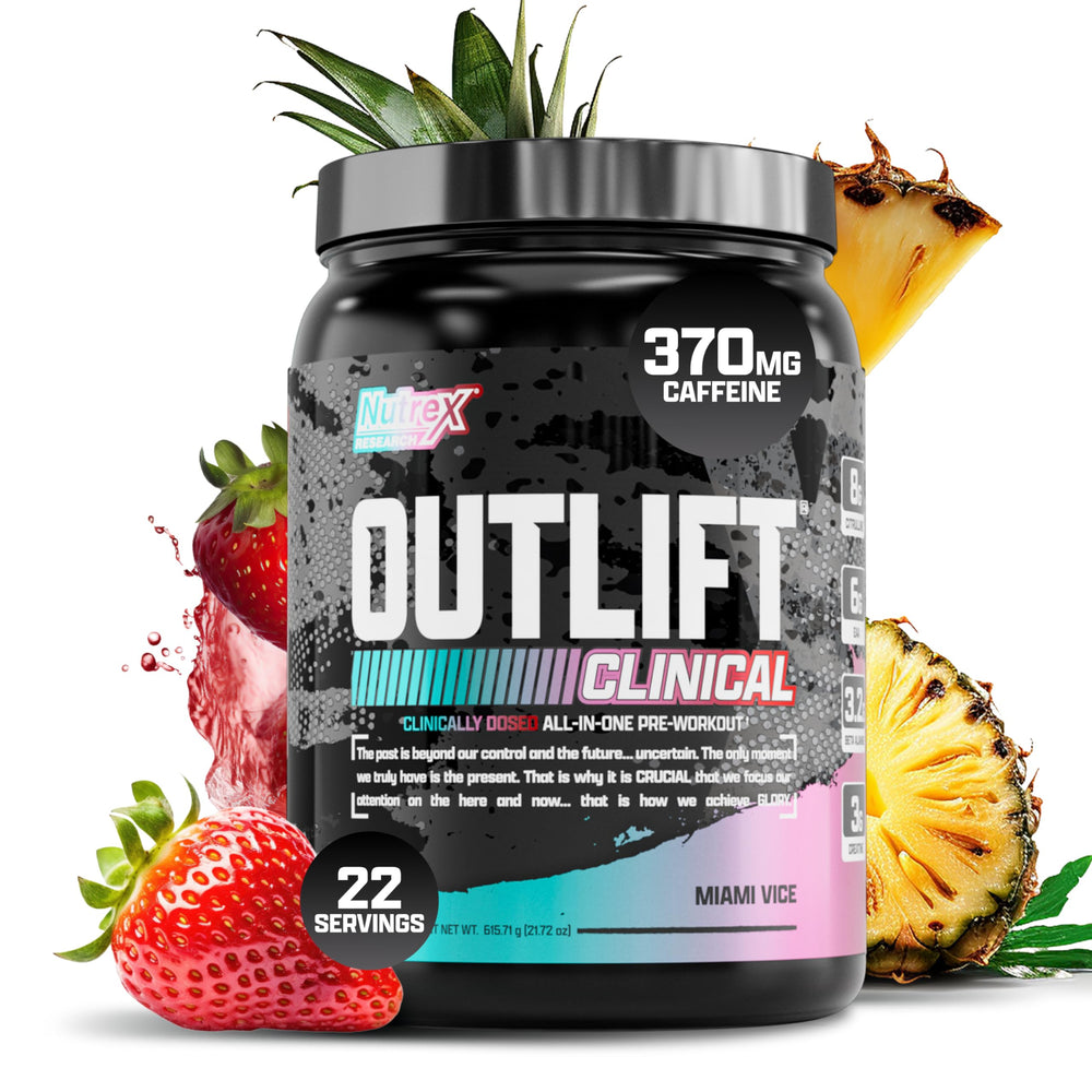 Nutrex Research Outlift Clinical tub in Pineapple Coconut flavor for pre-workout energy.