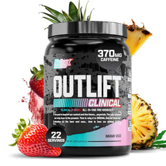Nutrex Research Outlift Clinical tub in Pineapple Coconut flavor for pre-workout energy.
