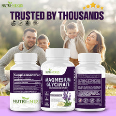 Nutri-Nexus Magnesium Glycinate 833mg bottle beside a calm bedtime scene hints at sleep support.