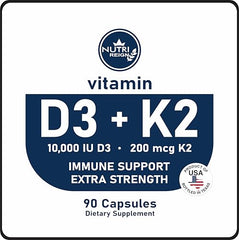 Nutri Reign D3 + K2 capsules shown for daily use with meals.