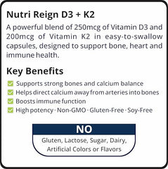 Nutri Reign D3 + K2 label front close-up highlighting vitamin mix.